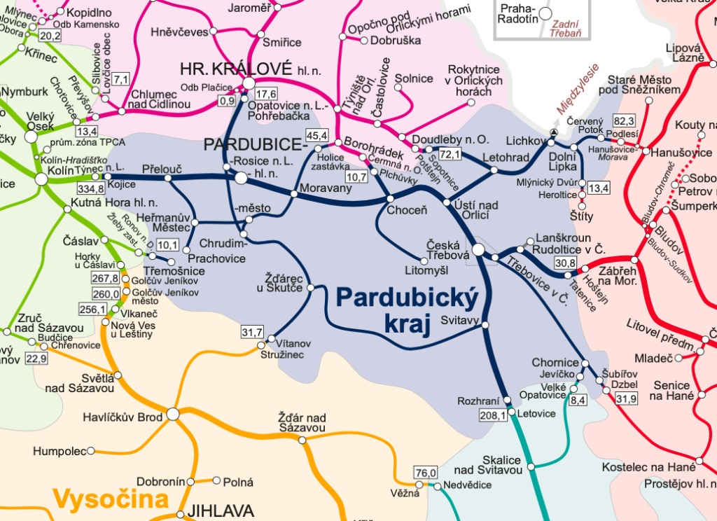 Železniční mapa pardubického kraje