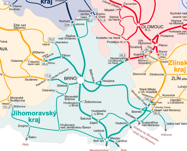 Železniční mapa Jihomoravského kraje. Výňatek z celostátní mapy. Zdroj Správa železnic