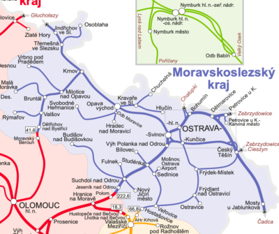 Železniční mapa Moravskoslezského kraje. Výňatek z celostátní mapy. Zdroj Správa železnic