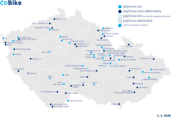 Mapa půjčoven ČD Bike pro rok 2026