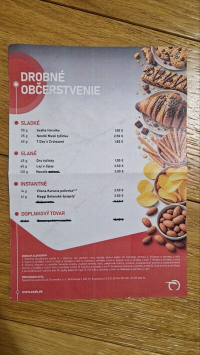 Nabídka drobného občerstvení v rámci pilotního projektu ZSSK minibar
